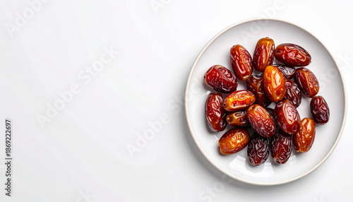 Aerial view of a plate with dates positioned off-center on a white background