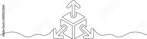 Abstract geometric cube with arrows indicating outward expansion and directional movement in a minimalist line art style on a white background