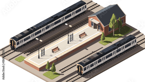 Isometric railway station illustration, modern passenger trains on platforms, urban public transport infrastructure, commuter rail travel concept, detailed vector design