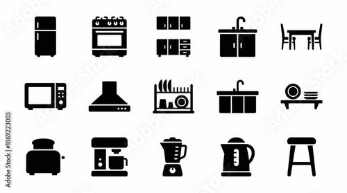 Collection of Black Kitchen Appliance Icons.