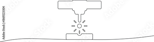 Stylized minimalist line art graphic of a sprinkler head with water spraying in a sunburst pattern onto a wavy ground line representing a natural environment