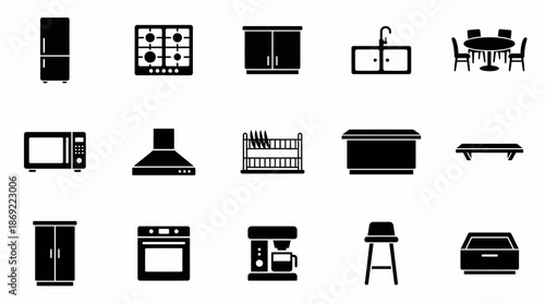Collection of Black Kitchen Appliance Icons.