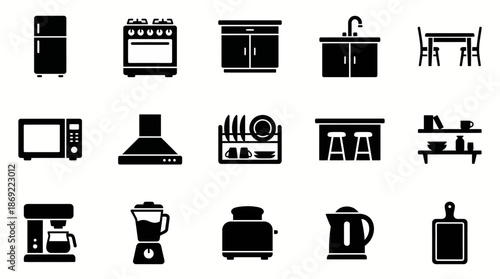 Collection of Black Kitchen Appliance Icons.