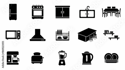 Kitchen Appliances and Furniture Icons Set.