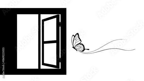 Vector illustration of a home interior featuring the silhouette of an open wooden window frame decorated with flowers against an empty wall in a light room
