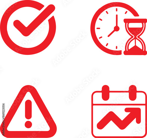 Four icons representing checklist time warning and calendar