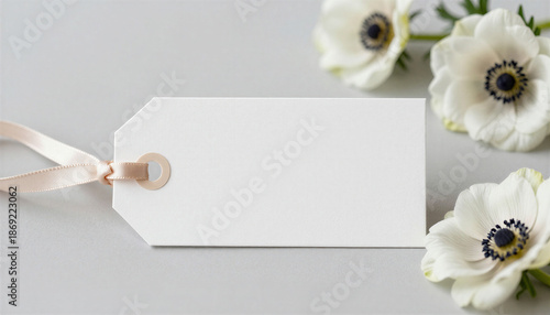 Wedding favor tag mockup in realistic style with soft neutral tones representing romantic event stationery design