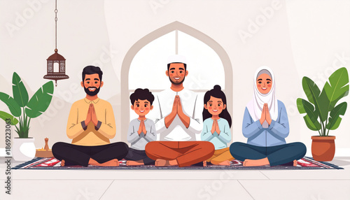 Family praying together on prayer mat in serene environment, vector illustration, peaceful scene, indoors, calm atmosphere