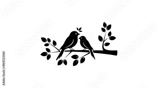 Black vector illustration of a girl silhouette with nature elements including flowers butterflies birds and a floral tree branch design for a spring art decoration card