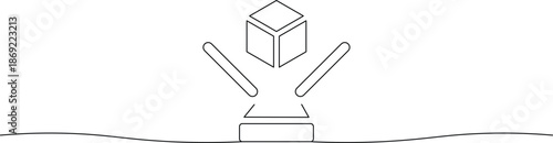 Abstract minimalist line art illustration of a cube emerging from a geometric base with radiating lines symbolizing innovation and growth on a white background