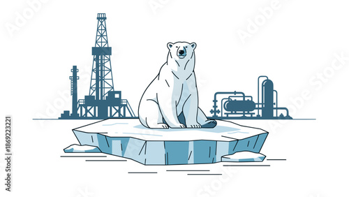 Vector illustration of a bear sitting on an ice floe in the ocean with mining rigs in the background