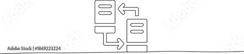 Stylized outline graphic illustration depicting two abstract server towers connected by arrows indicating data transfer and network communication on a simple ground line