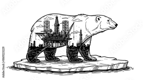 Monochrome illustration: polar bear silhouette on iceberg with oil production inside. Arctic resources exploitation concept, environmental impact for climate change awareness, wildlife conservation,