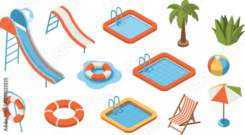 Isometric swimming pool and water park icons set, summer leisure slides floats umbrellas palm trees, vacation recreation vector illustration
