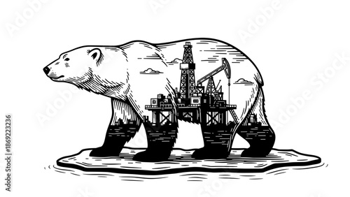 Standing polar bear features stark ecological disaster concept, Arctic wildlife depicted with industrial oil platform inside body, highlighting severe ecological disaster message.