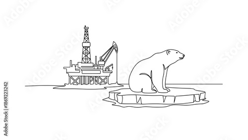 Continuous line art illustrating oil rig pollution impacting an Arctic environment with a solitary polar bear sitting on ice floe.