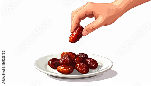 A hand holding a date above a plate of dates on a white background
