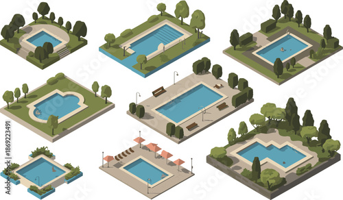Isometric swimming pool collection illustration, outdoor pools in parks and resorts with trees benches umbrellas, summer leisure landscape vector design