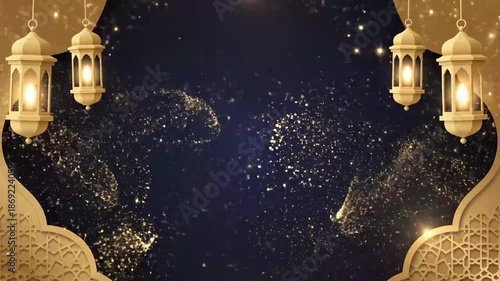Ramadan Kareem Islamic Background with Golden Lanterns and Ornaments, Festive Dark Blue and Gold Design for Muslim Celebrations.