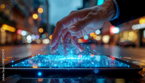 Hand touching digital city map.
