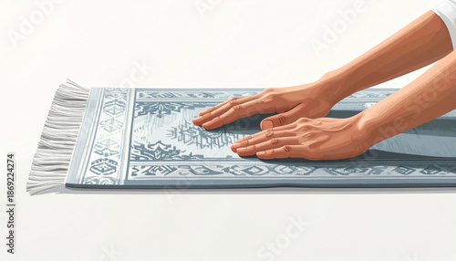 Hands holding a prayer mat, serene gesture, spiritual moment, Islamic ritual, peaceful atmosphere