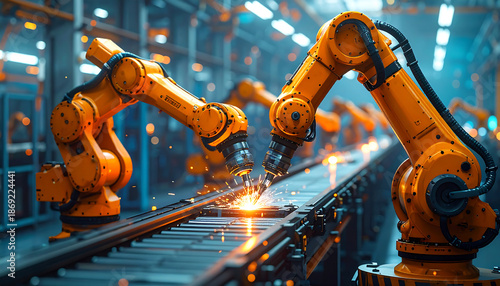Industrial robots working on assembly line.
