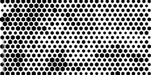 Hexagon halftone gradient texture. Abstract black grunge. Geometric retro halftone tech wallpaper. Fading wavy hexagonal pattern backdrop. Vector vanishing honeycomb grunge bitmap overlay
