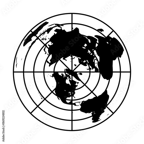 World Map Target Icon with Radar Crosshair – Global Earth Silhouette, Black and White Geopolitical Vector Illustration