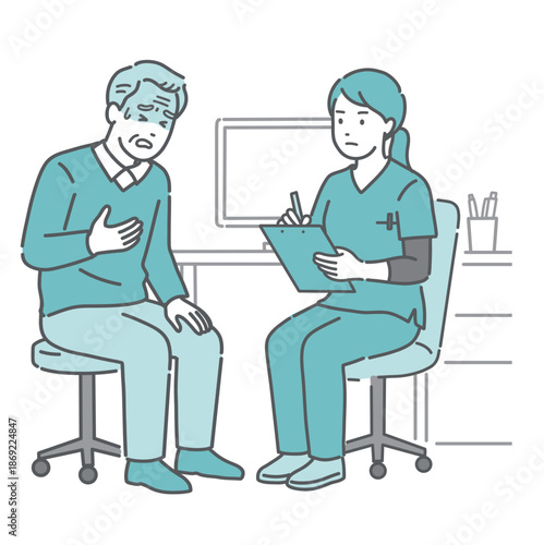 体調不良を訴える高齢男性と女性医師・看護師（スクラブ・救急）