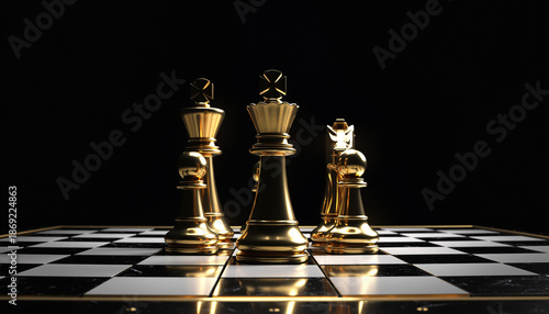 Elegant king and queen chess pieces illuminated by warm golden lighting on a minimal background. No faces included.