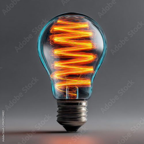 A conceptual image of a glowing light bulb with a bright spiral filament inside a clear glass bulb. 
