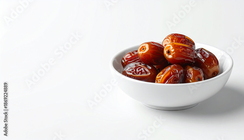 A bowl of dates on a white surface, centered and cleanly presented