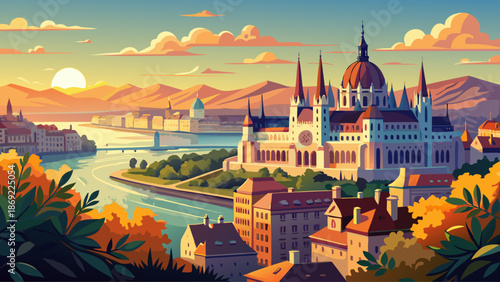 Very beautiful golden summer sunrise over Budapest, Hungary, highlighting Fisherman’s Bastion tower, lush green trees, and the Hungarian Parliament with the River Danube softly glowing in the backgrou