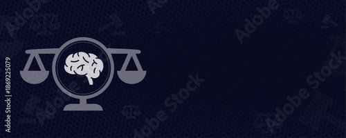 Intellectual property and medical brain law concept with brain icon on scales and dark blue background with copy space and vektor graphic