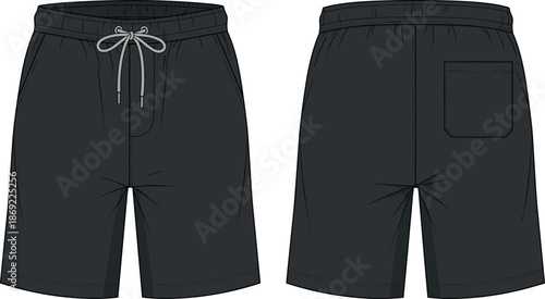 Black Men's Casual Sweat Shorts Technical Sketch Vector Template with Elastic Waistband Drawstring and Back Pocket View for Fashion Design