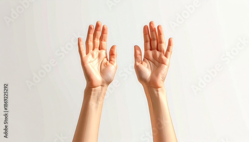 Hands raised in prayer, vector illustration of realistic human hands with palms facing upwards against a plain white background