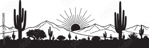 Black silhouette desert landscape with sand dunes and cactus plants vector design