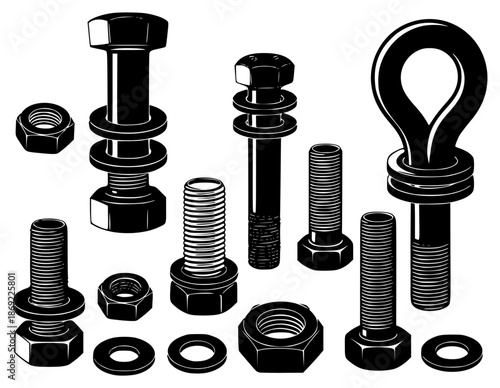 a set of black and white illustrations of screws and bolts, black, bolt, illustration, nut, screw, thread, against transparent background