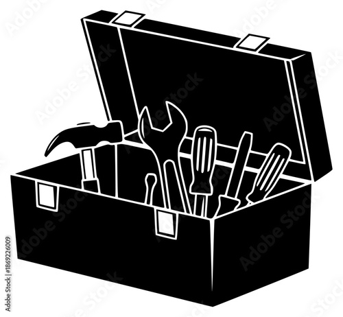 a box of tools with hammers and wrenches, black, box, hammer, icon, tool, against transparent background