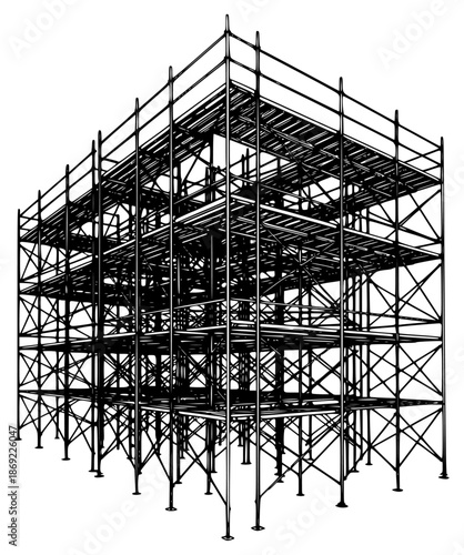 a black and white drawing of scaffolding at a construction site, black, building, construction, construction site, drawing, scaffolding, structure, against transparent background