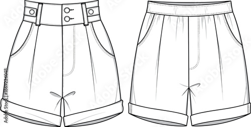 High Waisted Women's Shorts Vector Technical Fashion Illustration Flat Sketch with Pleats Cuffed Hem and Double Button Waistband Detail Set