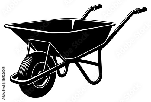 a black silhouette of a wheelbarrow on a illustration, black, icon, illustration, silhouette, wheel, wheelbarrow, against transparent background