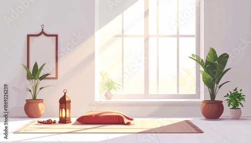 Serene Vector Illustration of a Glass of Water and Dates on a Table Beside a Window with Natural Light