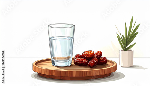 A glass of water and dates placed neatly on a small wooden table with a potted plant nearby, vector illustration