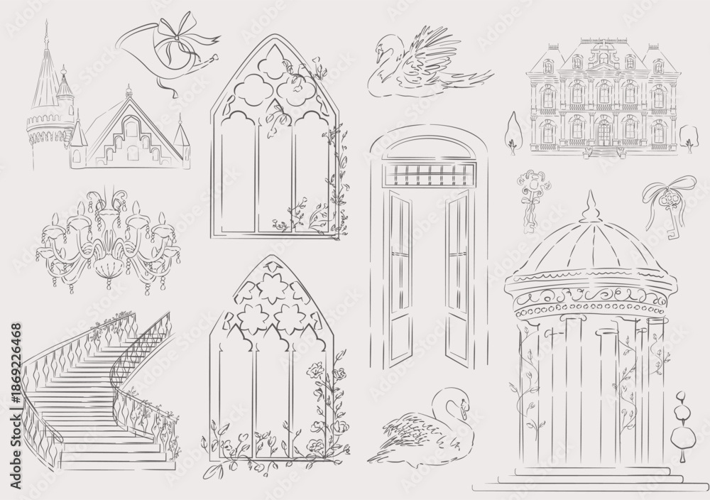 Naklejka premium Chateau Architecture & Romantic Elements. Vintage Vector Sketch Collection