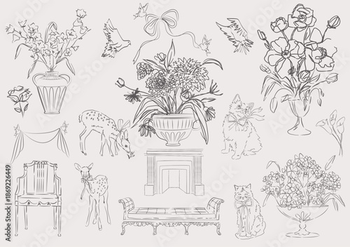 Chateau Floral & Animal Sketches. Elegant Vintage Vector Set