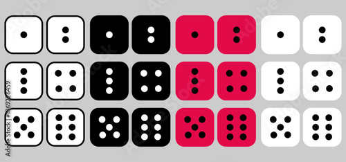 Dice set vector icon. Game dice. Six faces of cube isolated on grey background. Dice in red, black, white and stroke types. Illustration for game design.