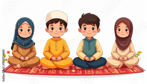 Children sitting on prayer mat in a serene environment