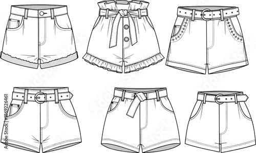 Technical Fashion Flat Sketches of Women's Denim Shorts Collection Featuring High Waisted Paperbag Waist Belted Details and Casual Summer Styles