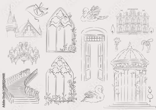 Chateau Architecture & Romantic Elements. Vintage Vector Sketch Collection